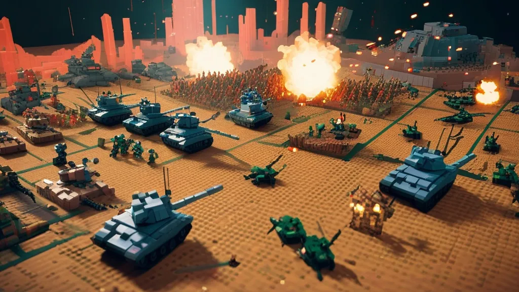 A vibrant retro-style pixelated battlefield featuring characters with pixel swords and shields engaged in an epic clash amidst digital terrain.