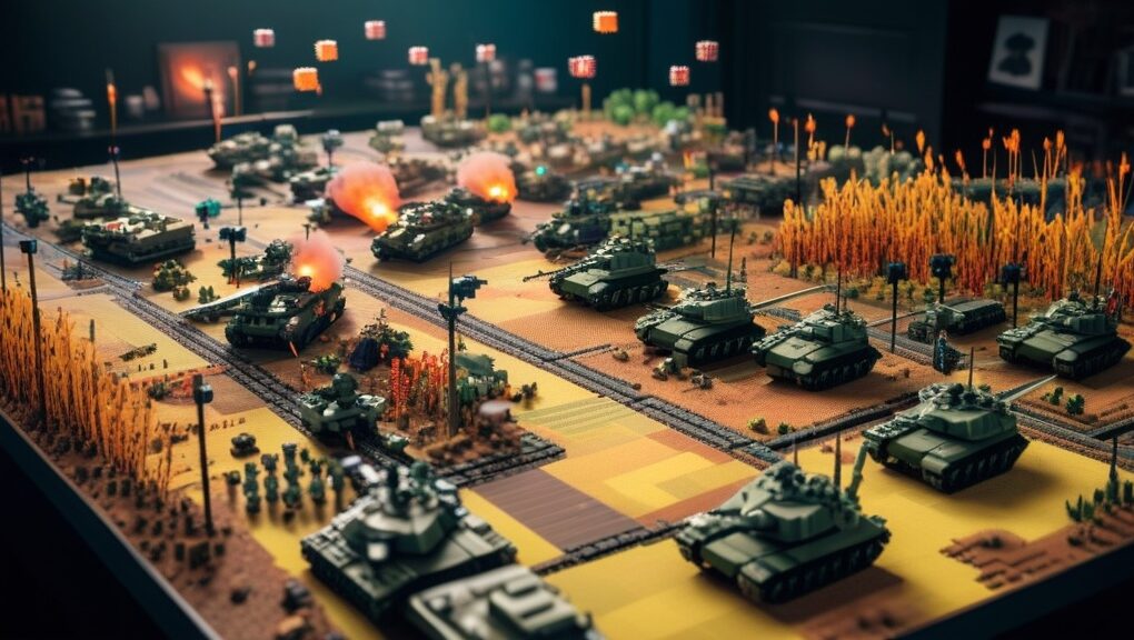 A vibrant pixelated battlefield with retro-style characters engaged in a dynamic combat scene, showcasing classic 8-bit graphics and colorful explosions.