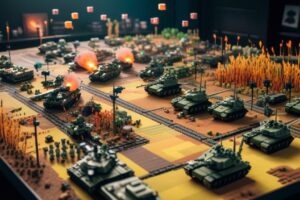 A vibrant pixelated battlefield with retro-style characters engaged in a dynamic combat scene, showcasing classic 8-bit graphics and colorful explosions.