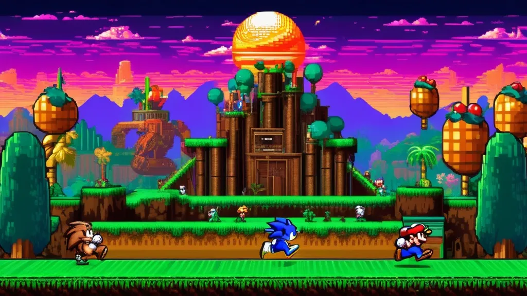 A colorful array of classic retro 2D video game characters on a pixelated background, featuring iconic titles from the 1980s and 1990s, with vibrant graphics and nostalgic charm.
