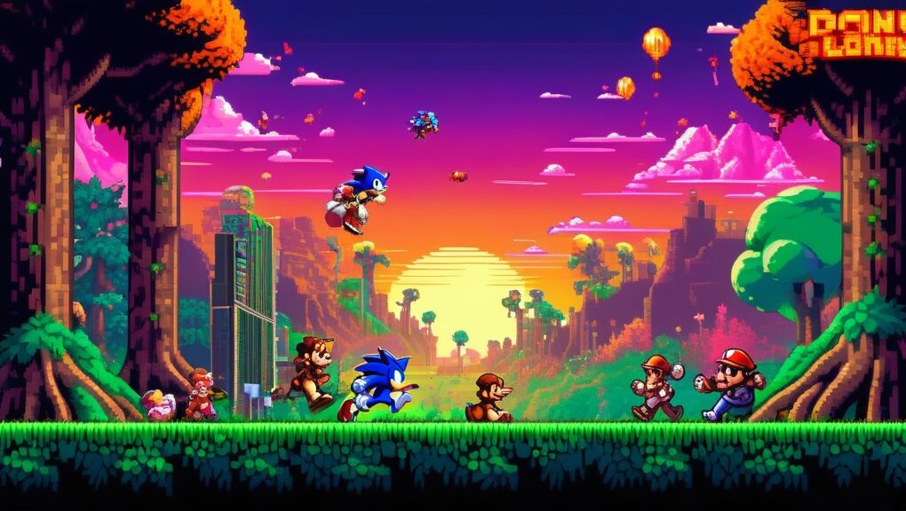A vibrant collage featuring classic retro 2D games like Pac-Man, Super Mario Bros, and Tetris, with pixelated graphics and colorful game characters displayed on vintage arcade screens.
