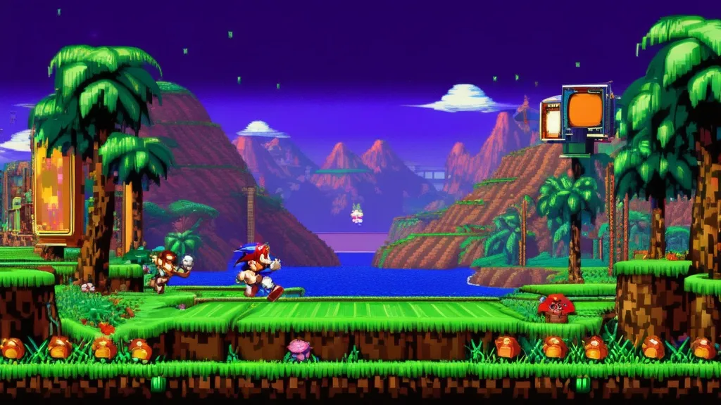 A colorful collage of classic 2D retro game characters like Pac-Man and Mario, set against a pixelated background, highlighting nostalgia and iconic gameplay moments.