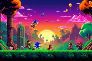 A vibrant collage featuring classic retro 2D games like Pac-Man, Super Mario Bros, and Tetris, with pixelated graphics and colorful game characters displayed on vintage arcade screens.