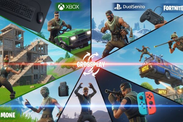 7 Ultimate Fortnite Crossplay Tips You Need Fortnite crossplay illustration showing PC, console, and mobile players teaming up in-game.