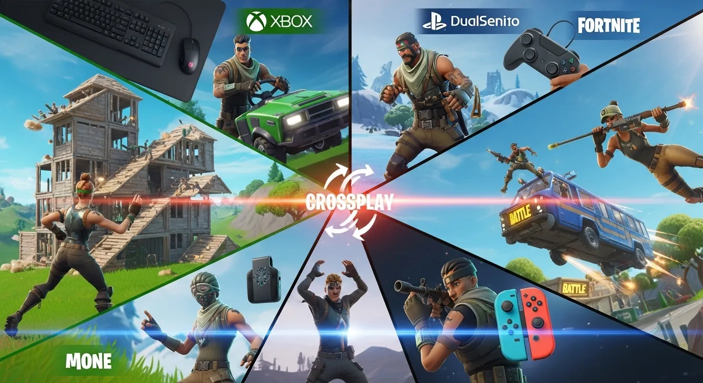 Fortnite crossplay illustration showing PC, console, and mobile players teaming up in-game.