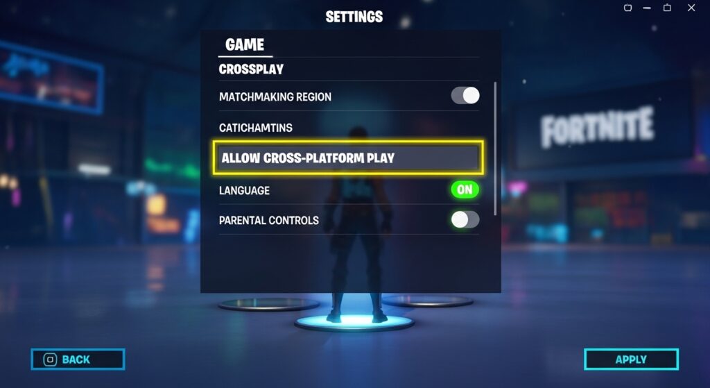 Fortnite crossplay settings menu with toggle enabled