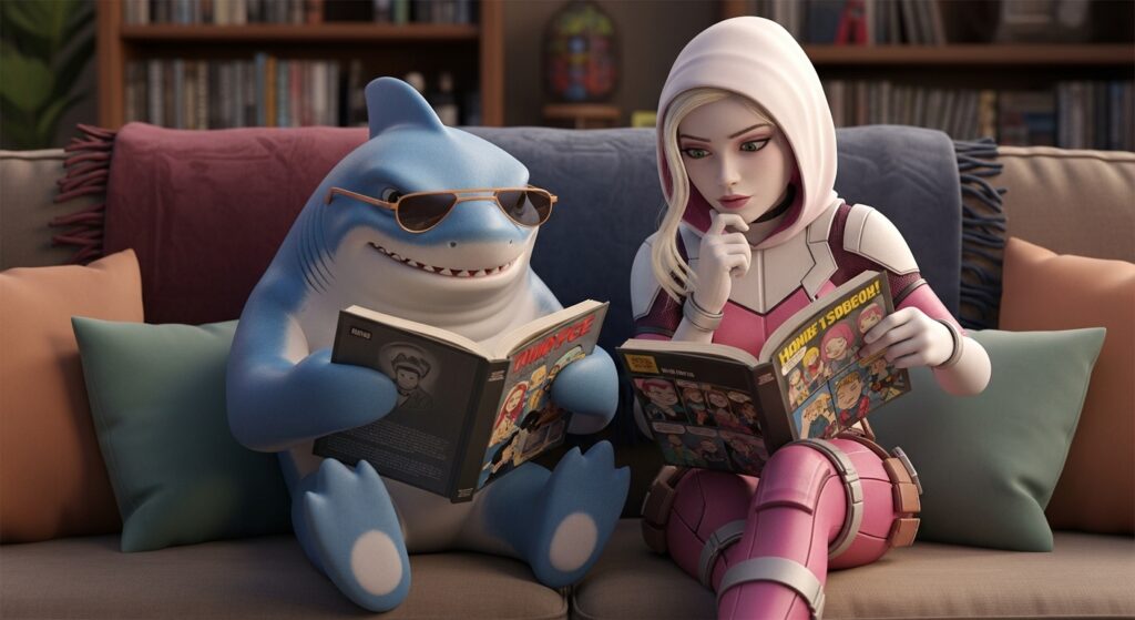Jeff the Land Shark relaxing beside Gwenpool in Marvel Comics.
