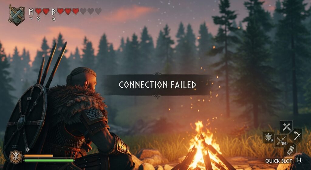 Valheim crossplay connection failed error screen with Viking player near campfire.