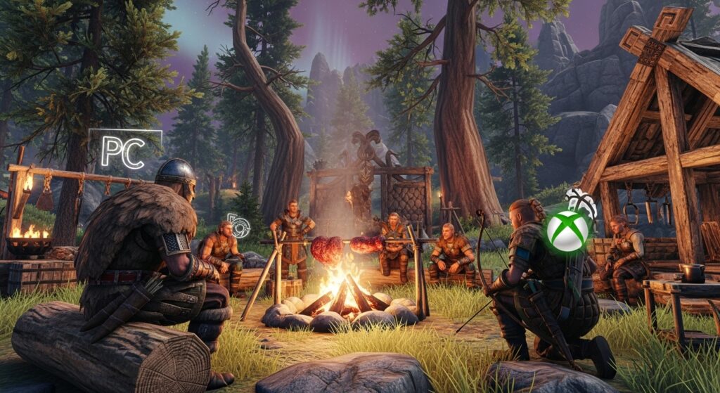 Valheim crossplay campfire scene showing players from PC and Xbox sharing the same world.
