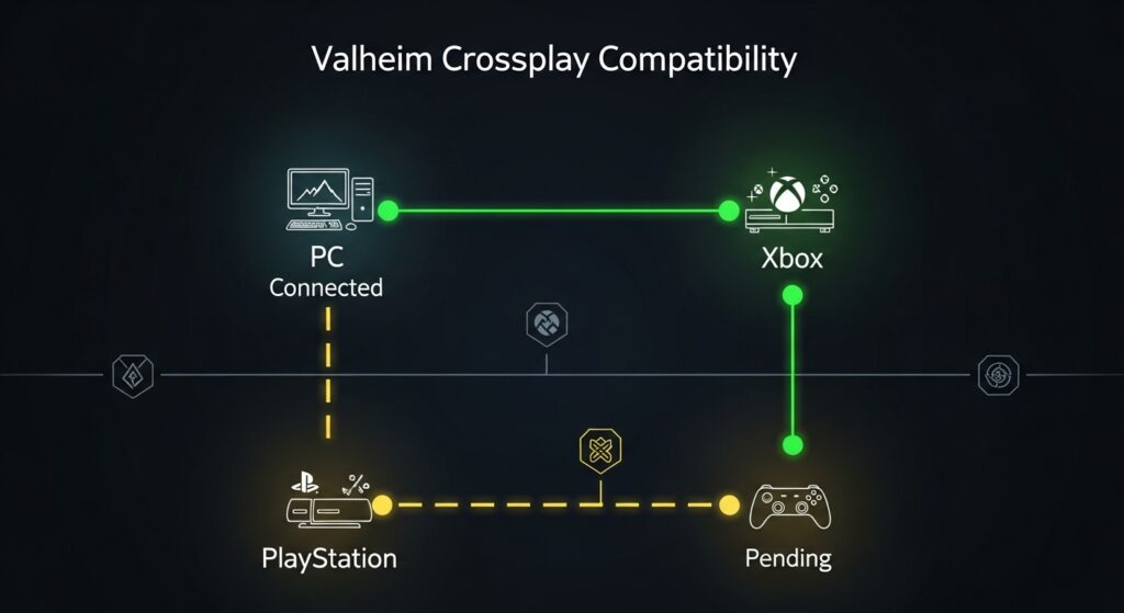 Valheim crossplay compatibility chart showing Xbox and PC connected, PlayStation pending.