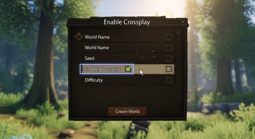 Valheim enable crossplay checkbox in the world creation menu.