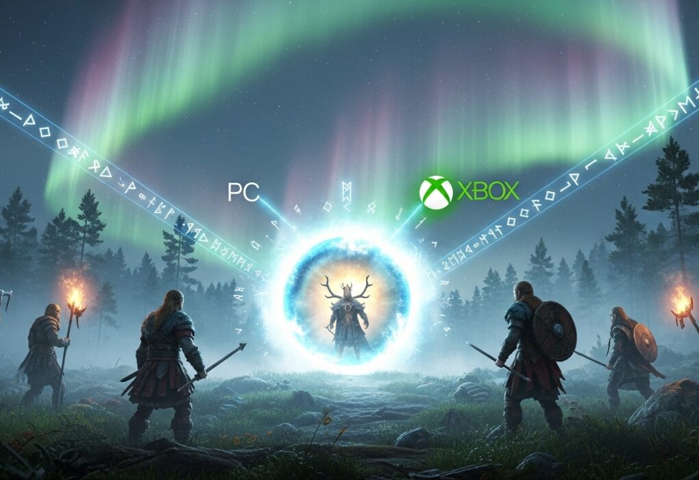 Vikings playing Valheim crossplay between PC and Xbox under aurora sky in 2025