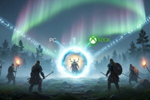Vikings playing Valheim crossplay between PC and Xbox under aurora sky in 2025