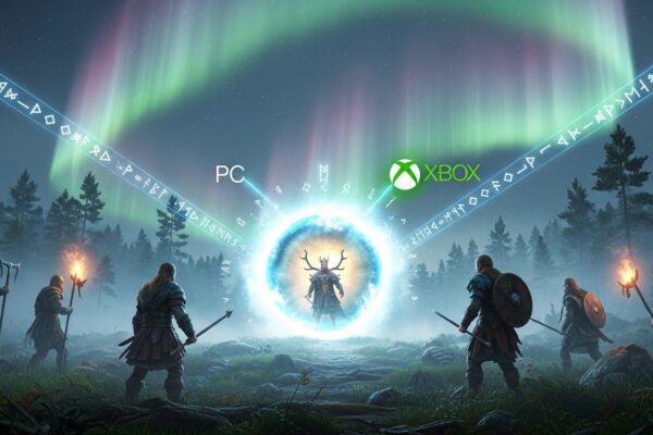 Vikings playing Valheim crossplay between PC and Xbox under aurora sky in 2025