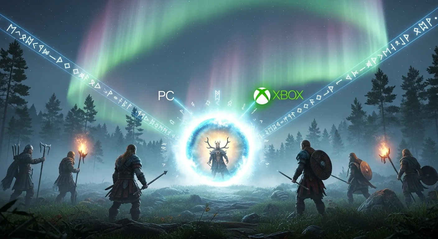 Vikings playing Valheim crossplay between PC and Xbox under aurora sky in 2025