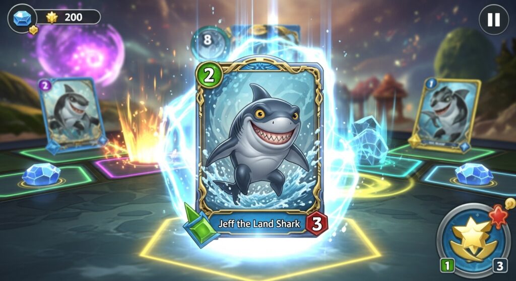 Jeff the Land Shark Marvel Snap card with move ability animation.