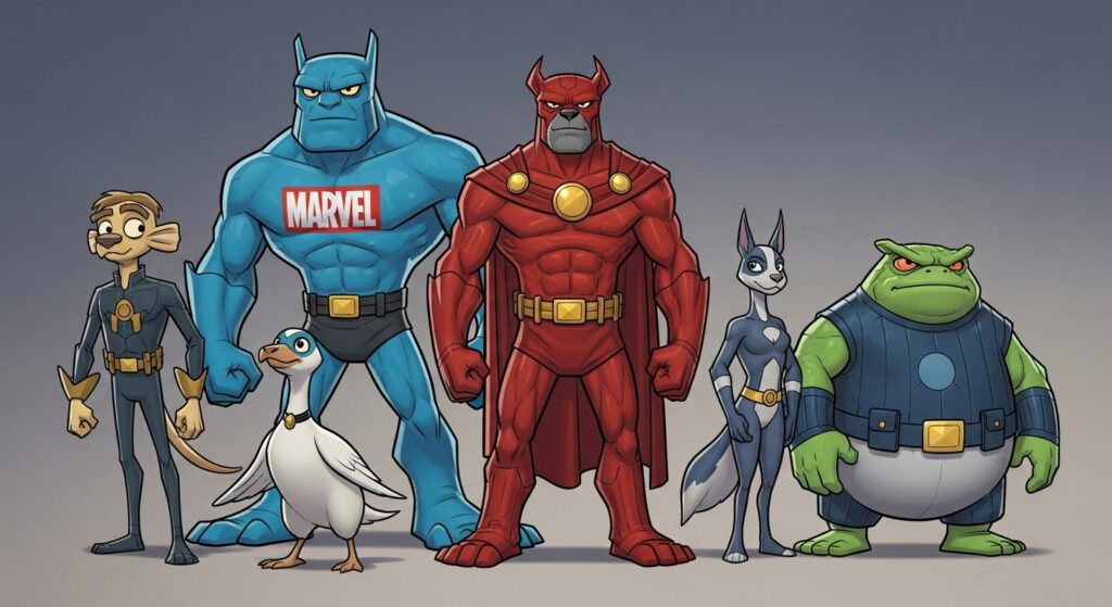 Marvel’s superhero pets lineup featuring Jeff the Land Shark.