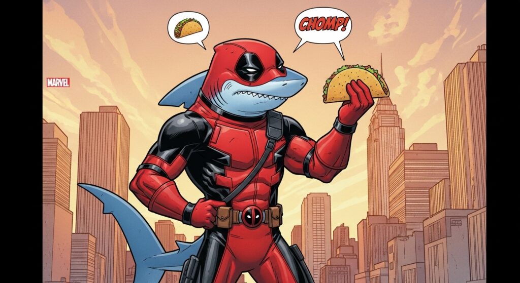 Jeff the Land Shark dressed like Deadpool holding a taco in Marvel Comics.