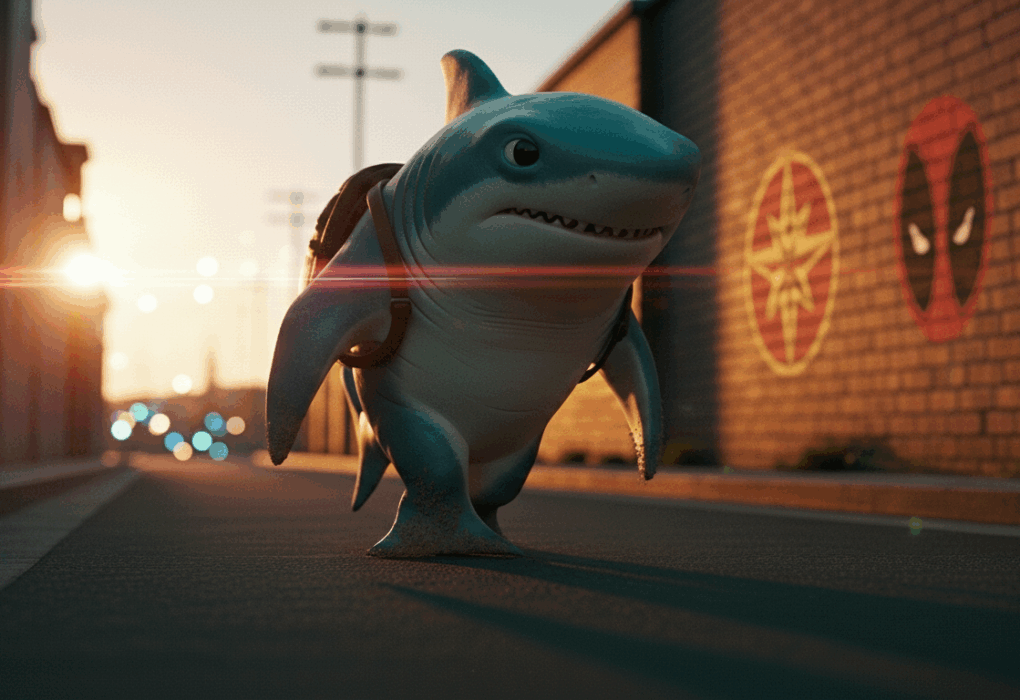 Realistic cinematic image of Jeff the Land Shark walking on a sunset street with soft golden light and subtle Marvel graffiti in the background