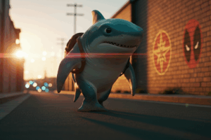 Realistic cinematic image of Jeff the Land Shark walking on a sunset street with soft golden light and subtle Marvel graffiti in the background