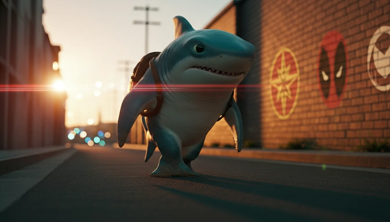 Realistic cinematic image of Jeff the Land Shark walking on a sunset street with soft golden light and subtle Marvel graffiti in the background
