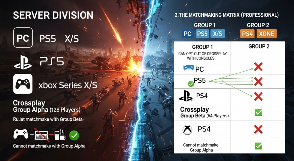 Crossplay rules chart for Battlefield 2042 PC and console players.