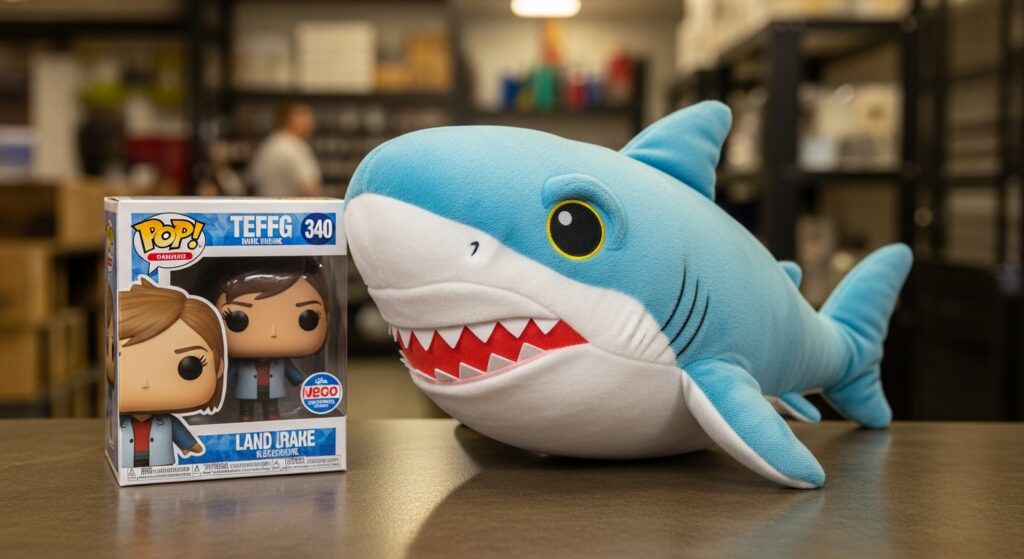 Jeff the Land Shark plush toy and Funko Pop collectibles on display.