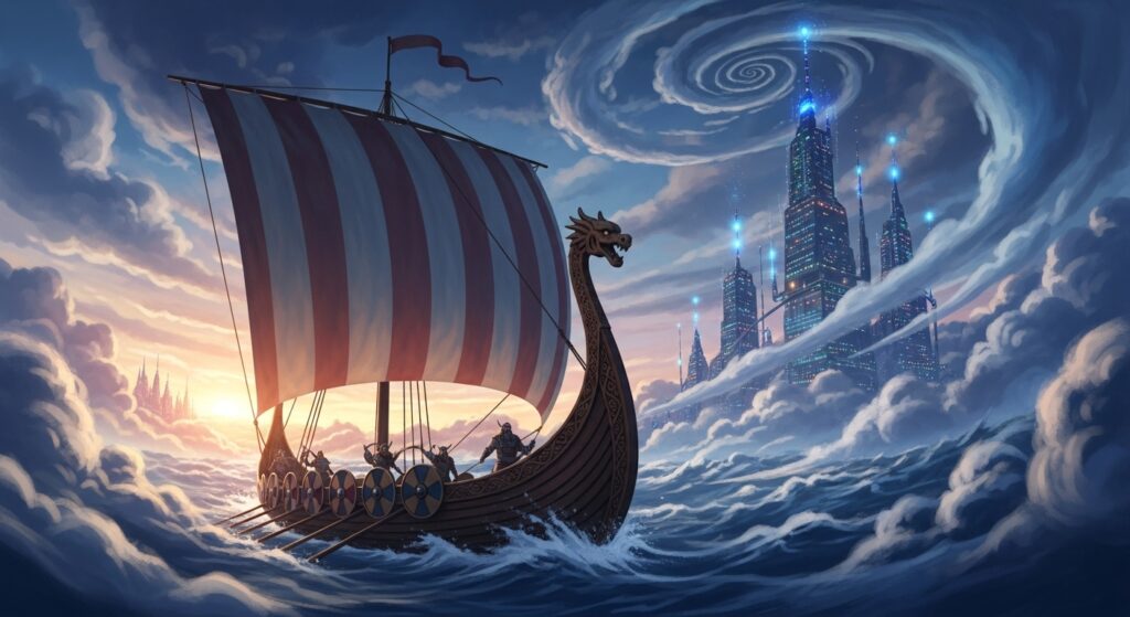 Valheim crossplay dedicated server hosting visual with Viking ship and cloud servers.