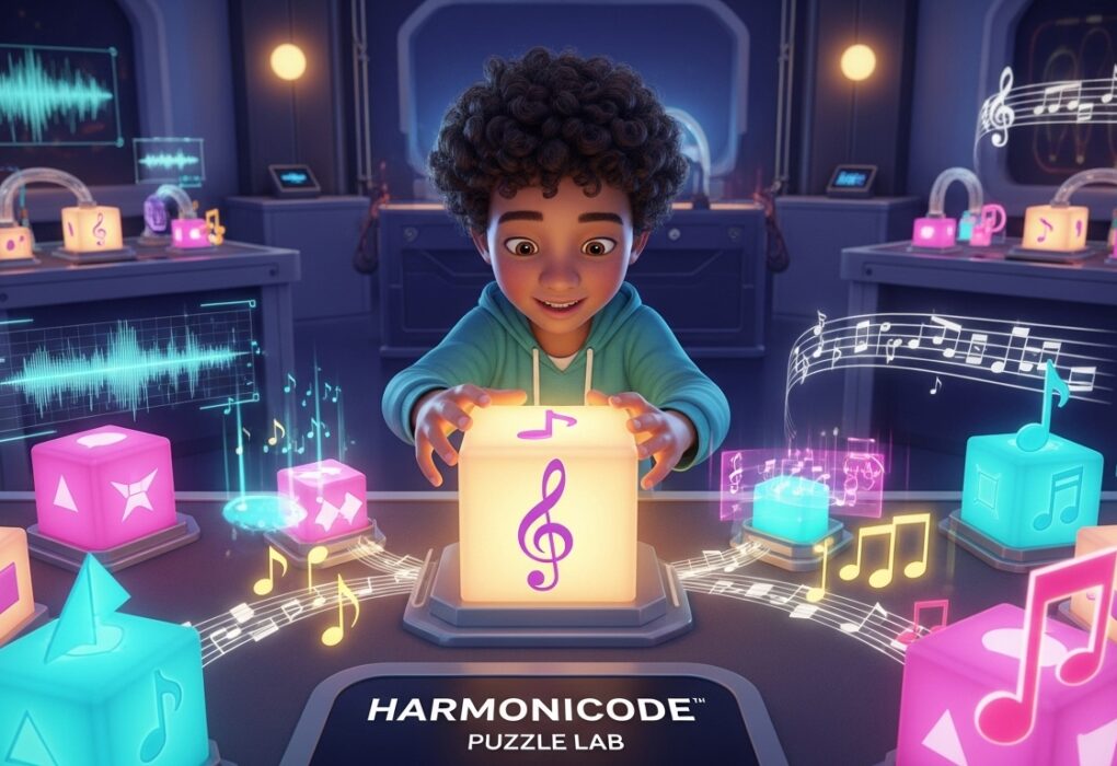 A character navigating through a harmonicode puzzle lab, interacting with logic blocks and sound cues in a dynamic and educational game setting.