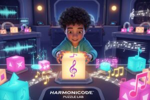 A character navigating through a harmonicode puzzle lab, interacting with logic blocks and sound cues in a dynamic and educational game setting.