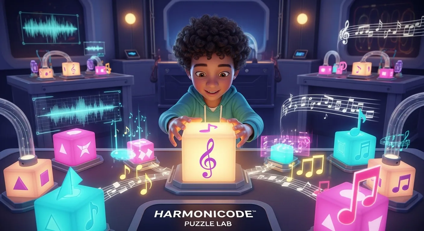 A character navigating through a harmonicode puzzle lab, interacting with logic blocks and sound cues in a dynamic and educational game setting.