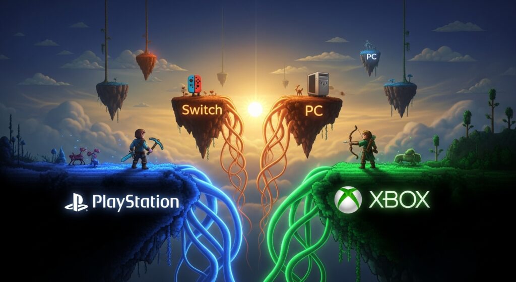 Cinematic pixel-art style of two Terraria worlds separated by a digital rift symbolizing platform differences.