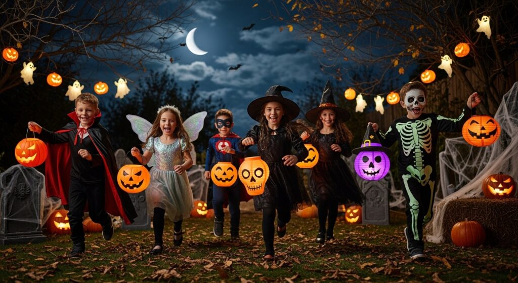 Kids running around a backyard at night with lanterns during a Halloween-themed game.