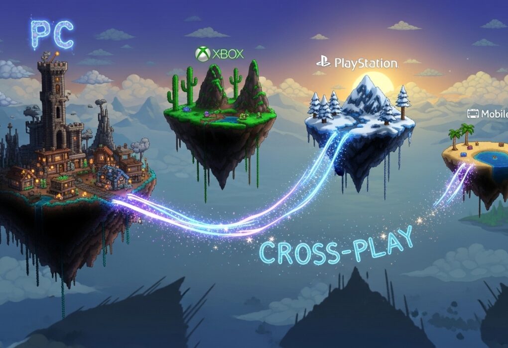 Cinematic illustration of Terraria floating islands representing PC, Xbox, PlayStation, and mobile platforms connected by a glowing bridge symbolizing cross-play.