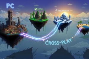 Cinematic illustration of Terraria floating islands representing PC, Xbox, PlayStation, and mobile platforms connected by a glowing bridge symbolizing cross-play.
