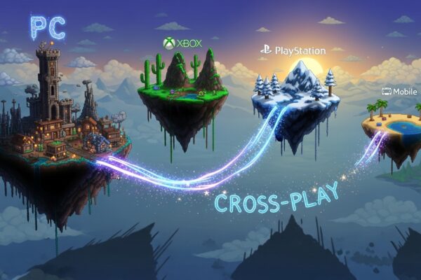 Cinematic illustration of Terraria floating islands representing PC, Xbox, PlayStation, and mobile platforms connected by a glowing bridge symbolizing cross-play.