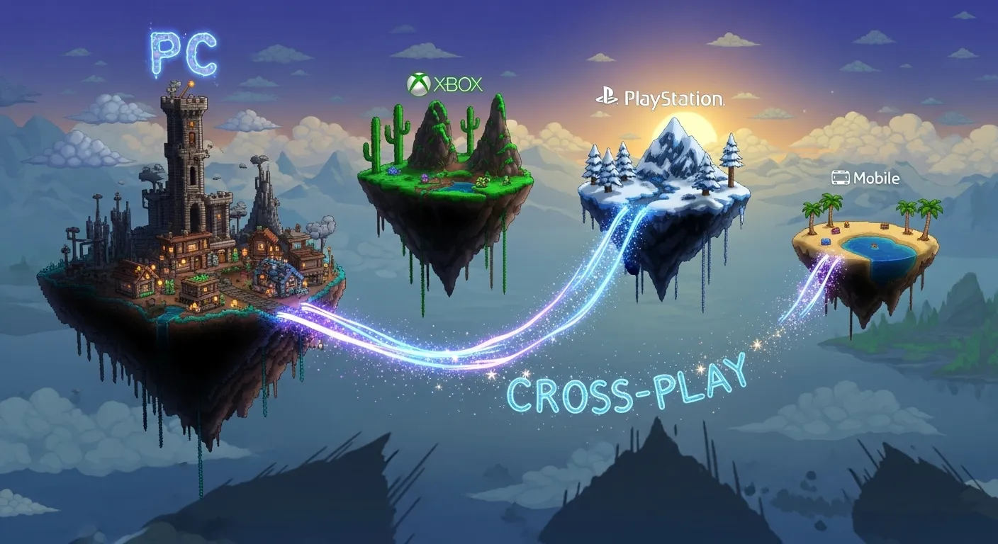 Cinematic illustration of Terraria floating islands representing PC, Xbox, PlayStation, and mobile platforms connected by a glowing bridge symbolizing cross-play.