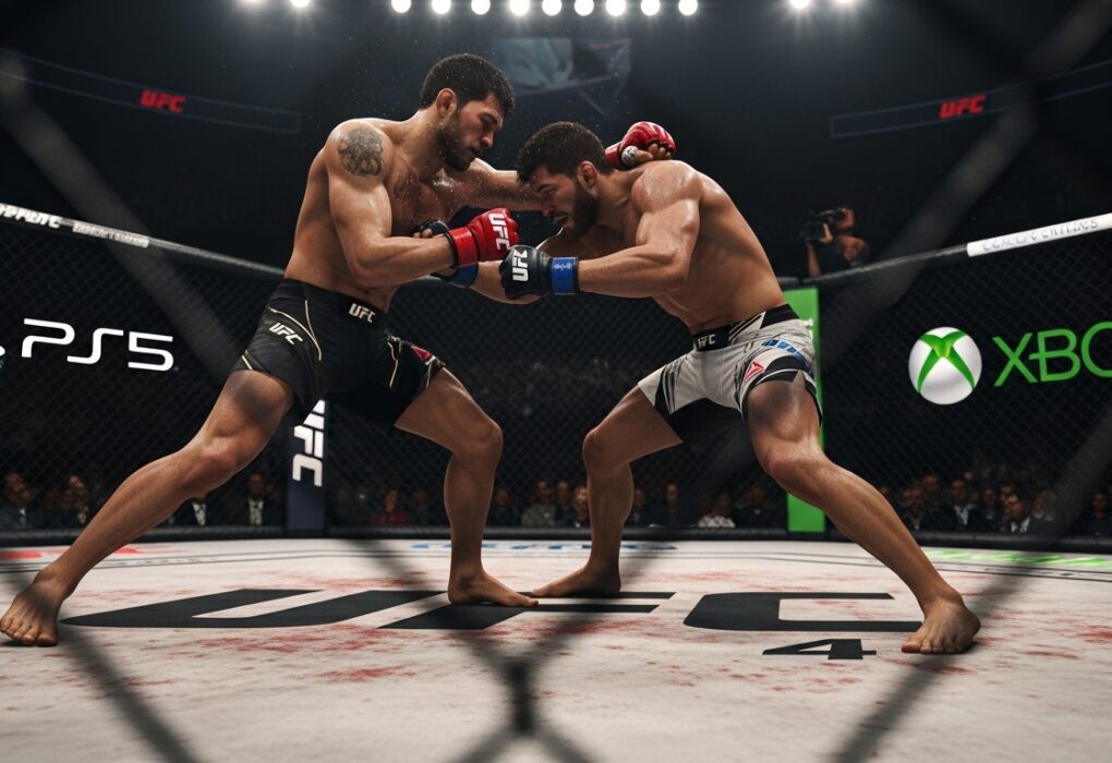 Cinematic UFC 4 fight in the octagon with PS5 and Xbox controllers faintly visible, highlighting crossplay limitations