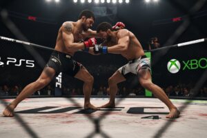 Cinematic UFC 4 fight in the octagon with PS5 and Xbox controllers faintly visible, highlighting crossplay limitations