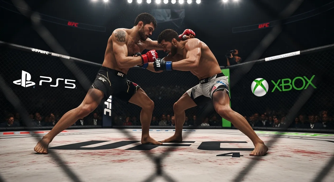 Cinematic UFC 4 fight in the octagon with PS5 and Xbox controllers faintly visible, highlighting crossplay limitations