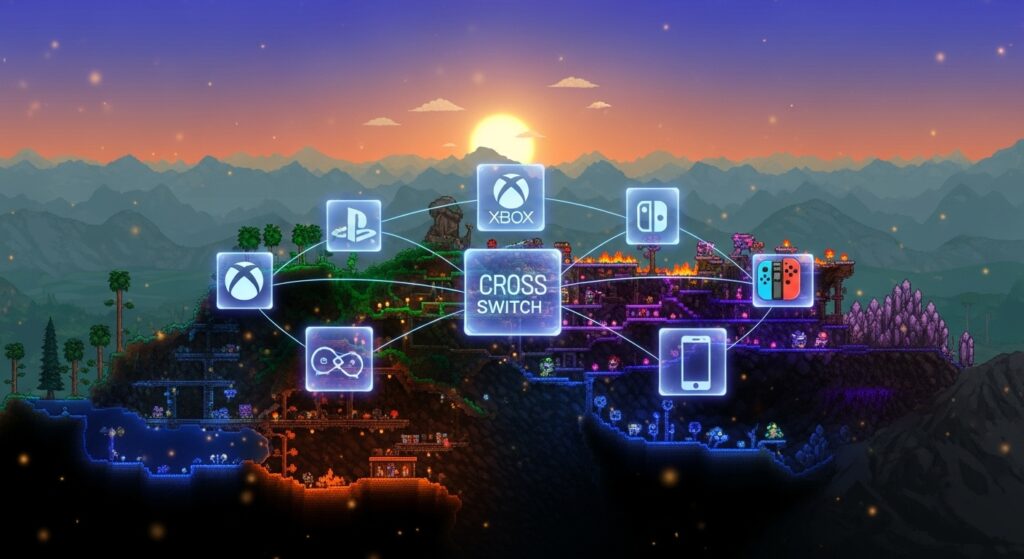 Cinematic panorama of Terraria world with platform icons symbolizing the future of cross-play.