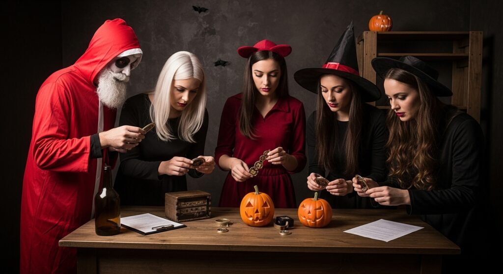 Adults in costumes solving clues in a dim, DIY Halloween escape room setup.