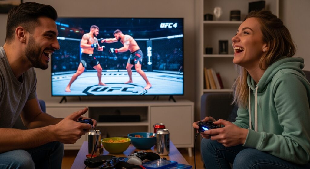 Friends playing UFC 4 local multiplayer mode together.