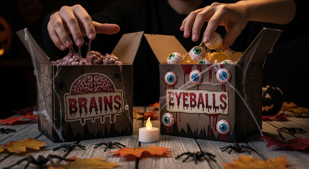 Hands reaching into Halloween mystery boxes labeled “brains” and “eyeballs” on a table.