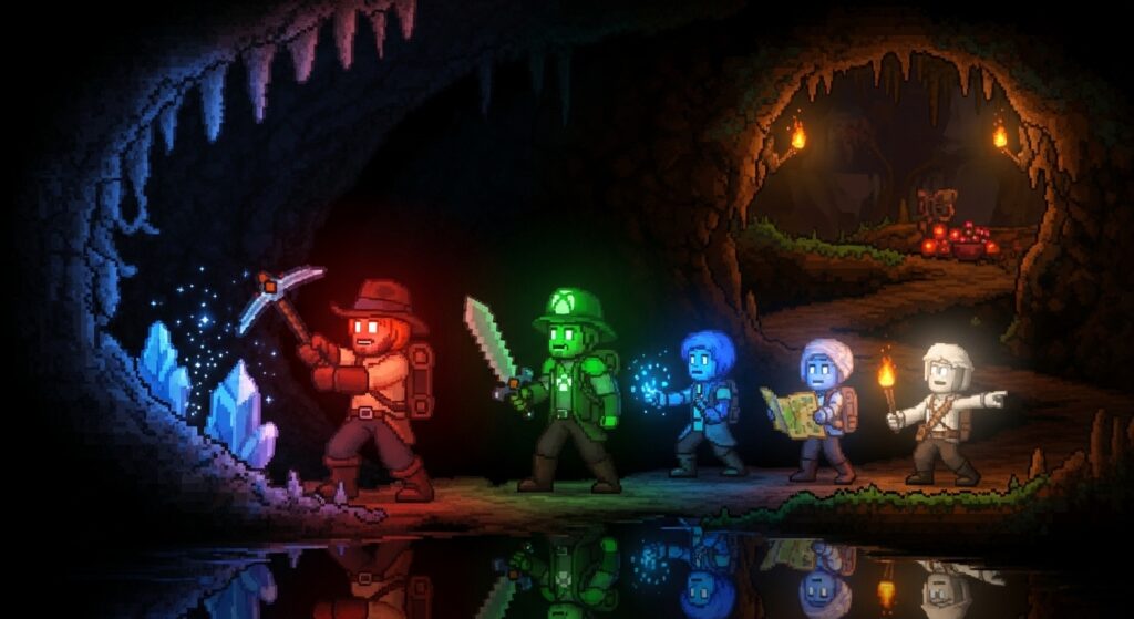 Cinematic scene of Terraria players from different platforms exploring a glowing underground cave together.